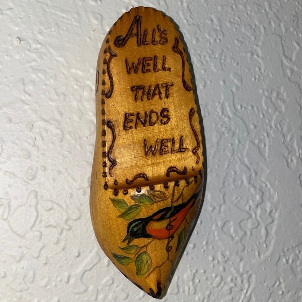 Vintage Wooden Hand painted Decorated Cobbler's Shoe All is Well That Ends Well